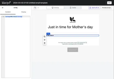 The Klaviyo template edit screen