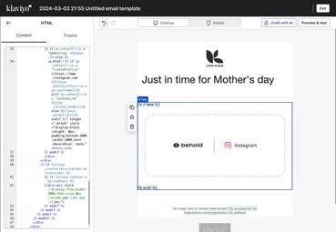 The klaviyo HTML block settings screen