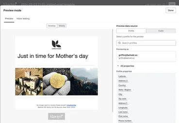 The Klaviyo desktop preview showing a row of Instagram images