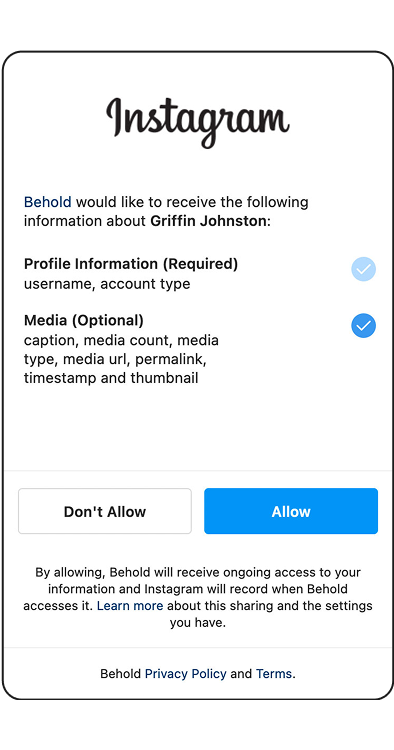 Screenshot of the Instagram oAuth flow