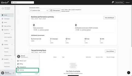 The Klaviyo dashboard