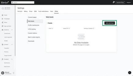 The Klaviyo web feeds settings page