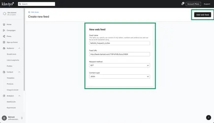 The Klaviyo new data feed screen