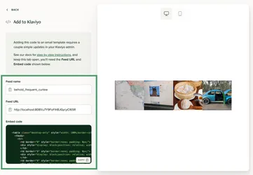 Klaviyo widget web feed id, feed url and embed code on the Behold feed settings screen