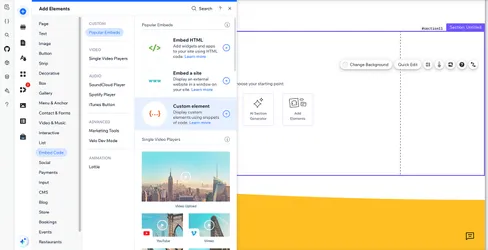 The Wix site editor, showing the add elements menu with embed-code highlighted