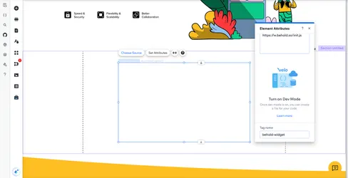 The Wix site editor, showing a custom element with the Choose Source menu open, scrolled down to the "tag name" field