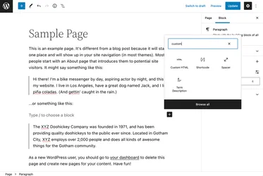 Add a new content block, click the +, and search for "Custom HTML"