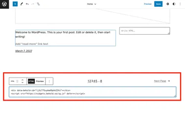 The WordPress site editor with a new custom HTML block with Behold widget code pasted in